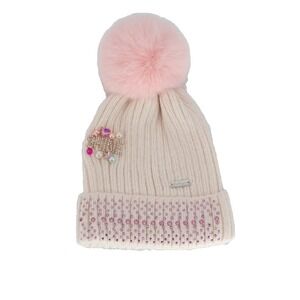 Bari Lynn Shine Charms Beanie Hat Toddlers Pink Ribbed Beaded Detail Pom Pom